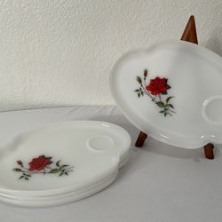 Vintage 60’s Red Rose Snack Plates, White Milk Glass Saucers Regency Federal Glass Rosecrest Set Of 4