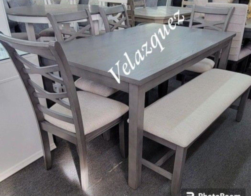✅️✅️6  pc grey finish wood dining table set padded seat  chairs and bench ✅️ 