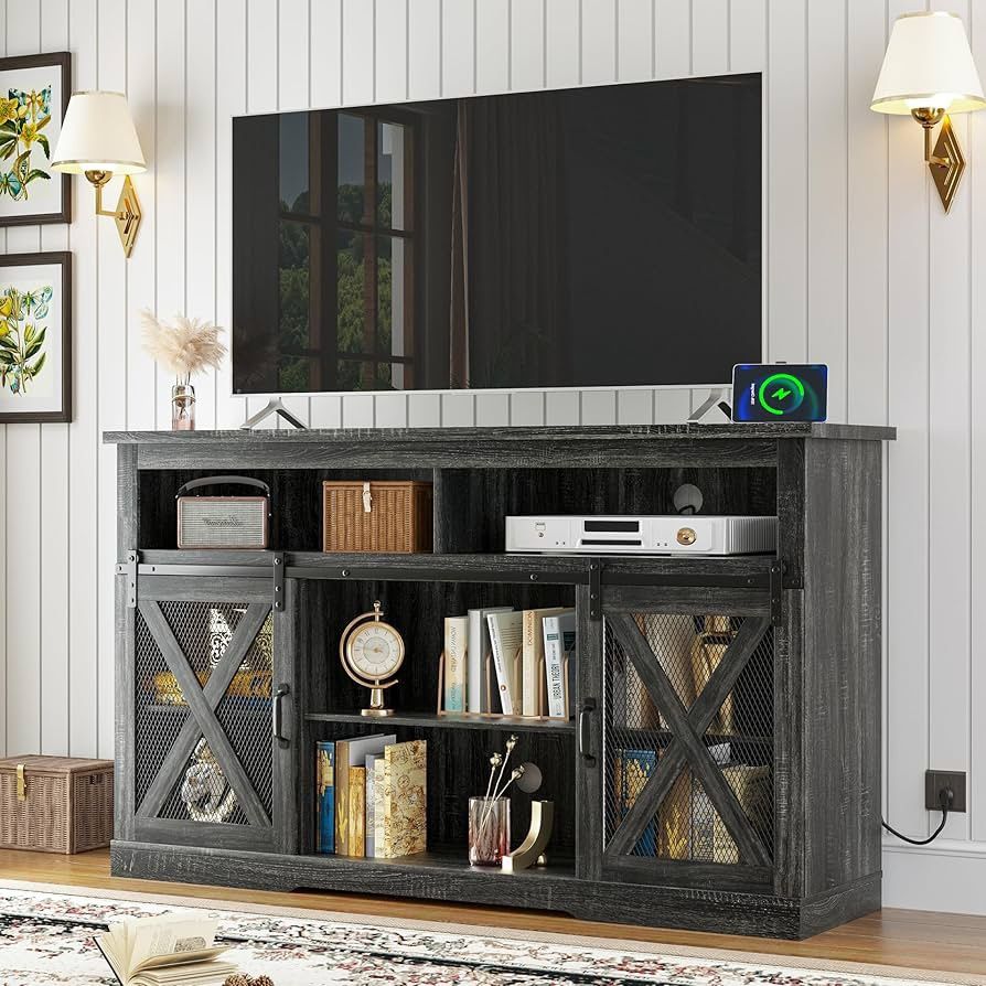 Farmhouse TV Stand for 65+ Inch TVs, Tall TV Stands with Power Outlets, Tall Entertainment Center with Sliding Barn Door & Storage Shelves,