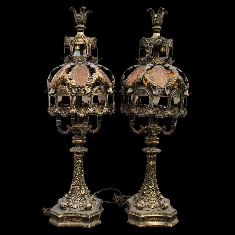 Set Pair 2 Vintage Loevsky? Brass? End Table Lamps Heavy Hollywood Regency 1970s MCM Moroccan