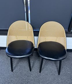 Dining Chair with PE Rattan Back & PU Leather Upholstered (Set Of 2)