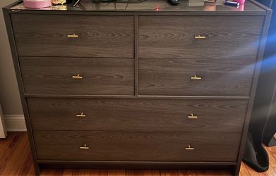 Dark Brown 6 Drawer Dresser Glass Top Gold Hardware