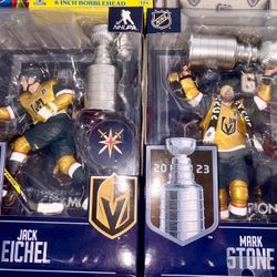 McFarlane's SportsPicks NHL Legacy Series action figures of Jack Eichel and Mark Stone celebrating the Vegas Golden Knights' 2023 Stanley Cup victory