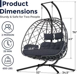 🥨SWITTE Outdoor Double Hanging Egg Swing Chair with Stand & Cushion, Grey 2 Person Wicker Swinging Egg Chair, Patio Loveseat for Porch Balcony Backya