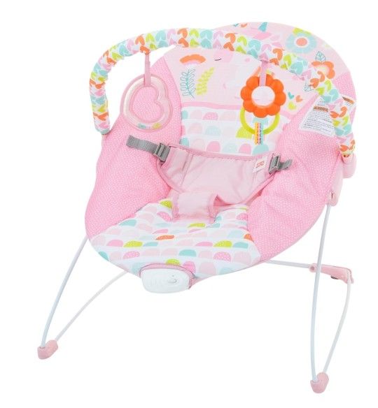 Bright Starts Baby Bouncer Soothing Vibrations Infant Seat - Removable -Toy Bar, Nonslip Feet, 0-6 Months Up to 20 lbs (Fancy Fantasy, Pink Unicorn)