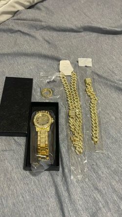 Men 4pc Diamond Bracelet Set Ring Set Watch Gift Set