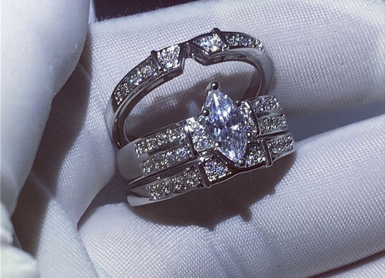 Shiny woman 925 Sterling silver Marquise Cut 3.45CT Diamond jewelry Bridal wedding ring set size 7&8