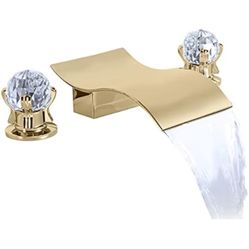 Bathroom Faucet with 2 Crystal Knob Handle, 3 Hole 8 Inch Deck Mount Widespread Waterfall Sink Faucet for Bathroom Sink or Bathtub, Brushed Gold