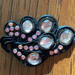 Vintage Pink Glass and Black Metal Brooch Pin  w/Rhinestones - Jewelry