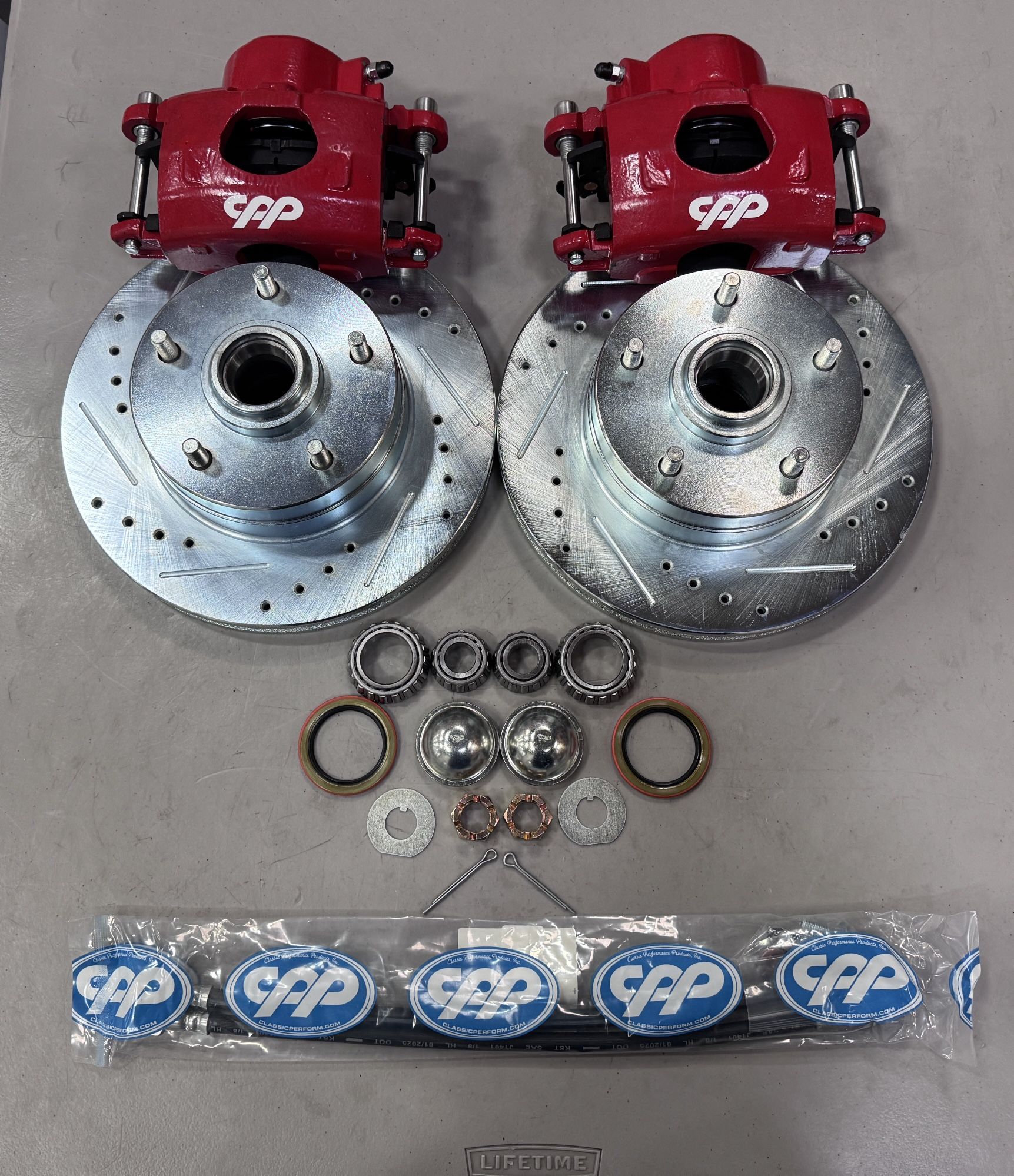 Chevelle Camaro Nova Disc Brake Upgrade Kit Drilled And Slotted Rotors Red Calipers Retail $425 Here $300