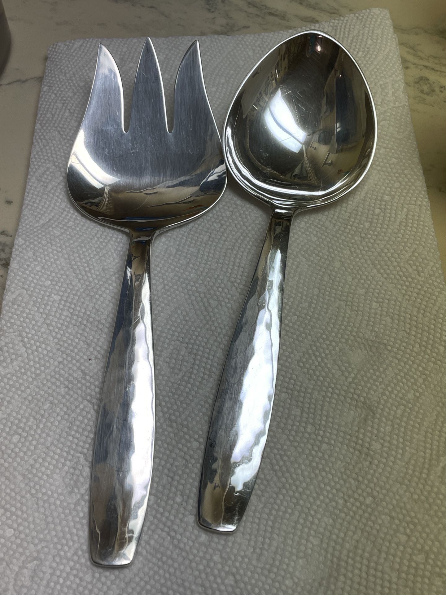 9 Oz Allan Adler Hand Hammered Sterling Silver Salad Set.