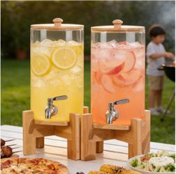 2 piece 1.1 Gallon Glass Drink Dispenser set with Wood Stand for Parties