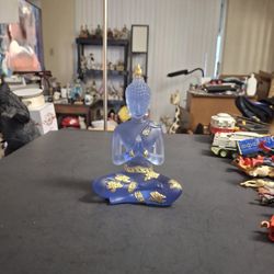 Sitting Thai Buddha Statue Handmade Translucent Blue Resin Figurine W/Gold Accents In Yoga Praying Position, Collectible 6.75"H X 4.5"W