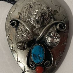 Vintage Bolo Tie Silver And Turquoise Bear Design