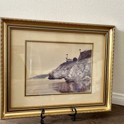 Framed Coastal Landscape Art in gold frame 17/22 inches 