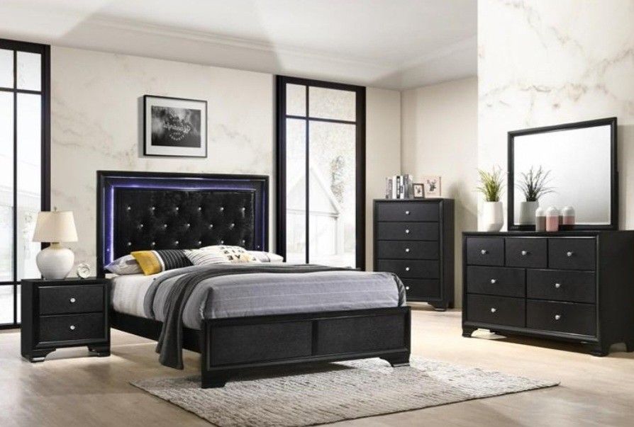 ✅️✅️4 pc Queen modern black finish wood padded headboard LED bedroom set (Mattress and tall chest not included)✅️✅️