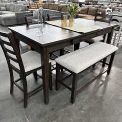 COUNTER HEIGHT DINING TABLE WITH CHAIRS AND BENCH 