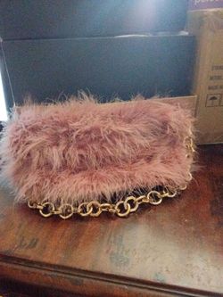 Pink Fluffy Clutch Bag with Gold Chain