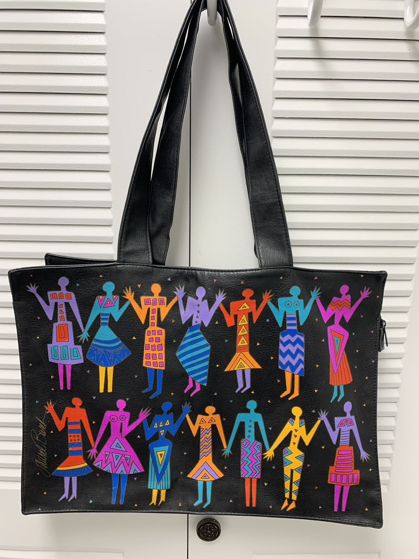 Laurel Burch large vinyl tote 19-1/2" wide, 14" tall, and 4" deep with 27" handles