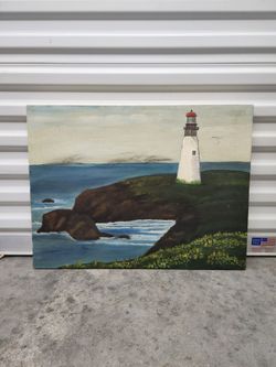 Vintage Amateur Pigion Point Lighthouse Painting Signed - "Alma 69" Size - 24"x18" Grumbacher Frame