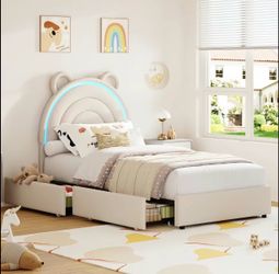 Twin Size Upholstered Platform Bed Frame with 2 Drawers, LED Light, and Bear Headboard, Low to the Ground, Easy Assembly, Grey - Functional and Stylis