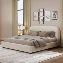 BEIGE FABRIC QUEEN SIZE BED FRAME PLATFORM LOW PROFILE CAMA