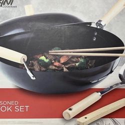 Price Firm ! PARINI 5-PIECE WOK PRE-SEASONED WOOD HANDLE 14" BRAND NEW