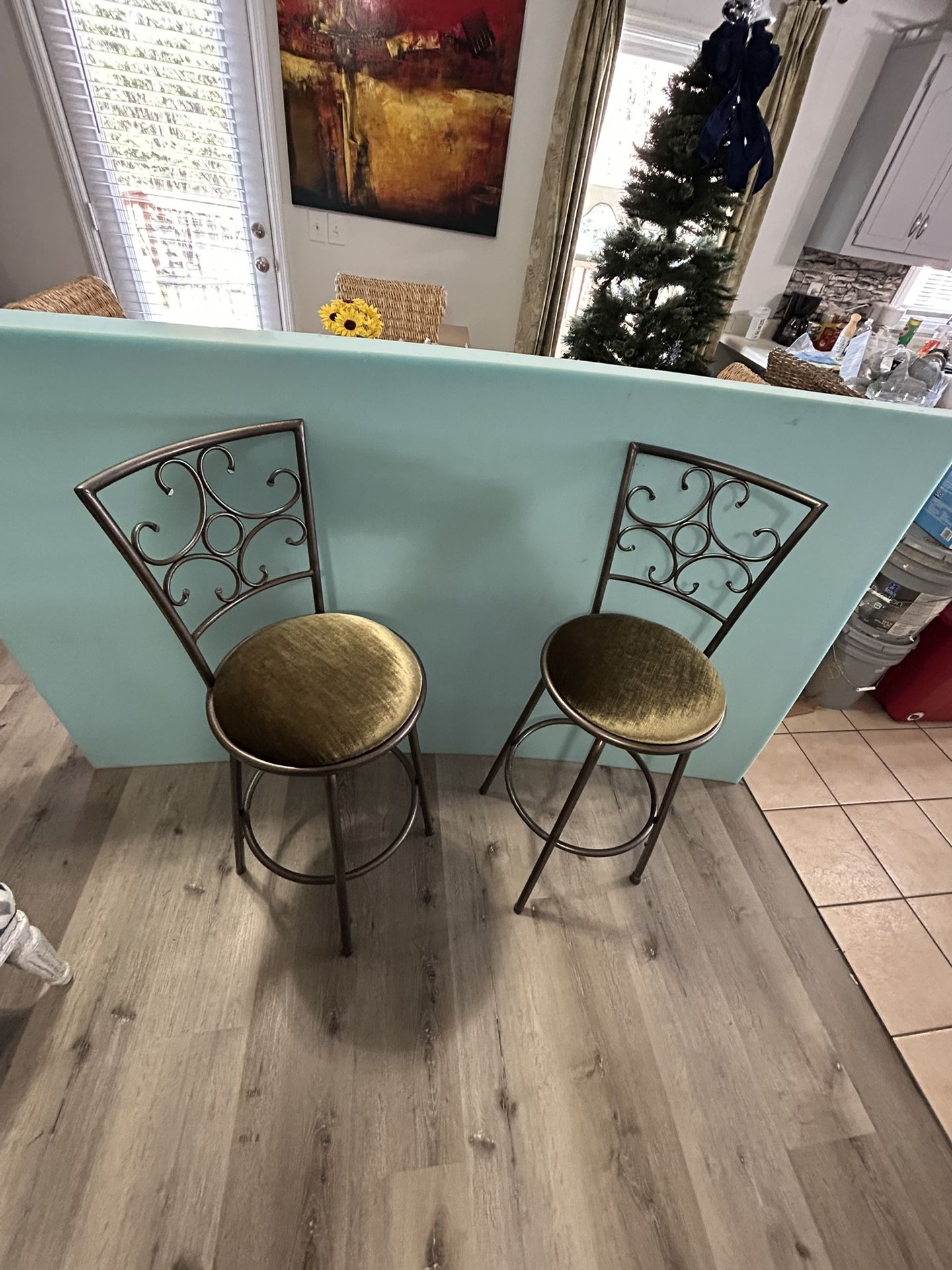 2 barstools,green velvet 