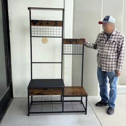 New In Box 40x16x71Inch Tall Metal And Wood Garment Stand Coat Clothes Shoe Rack Hanger With Shelf Organizer Rustic Brown