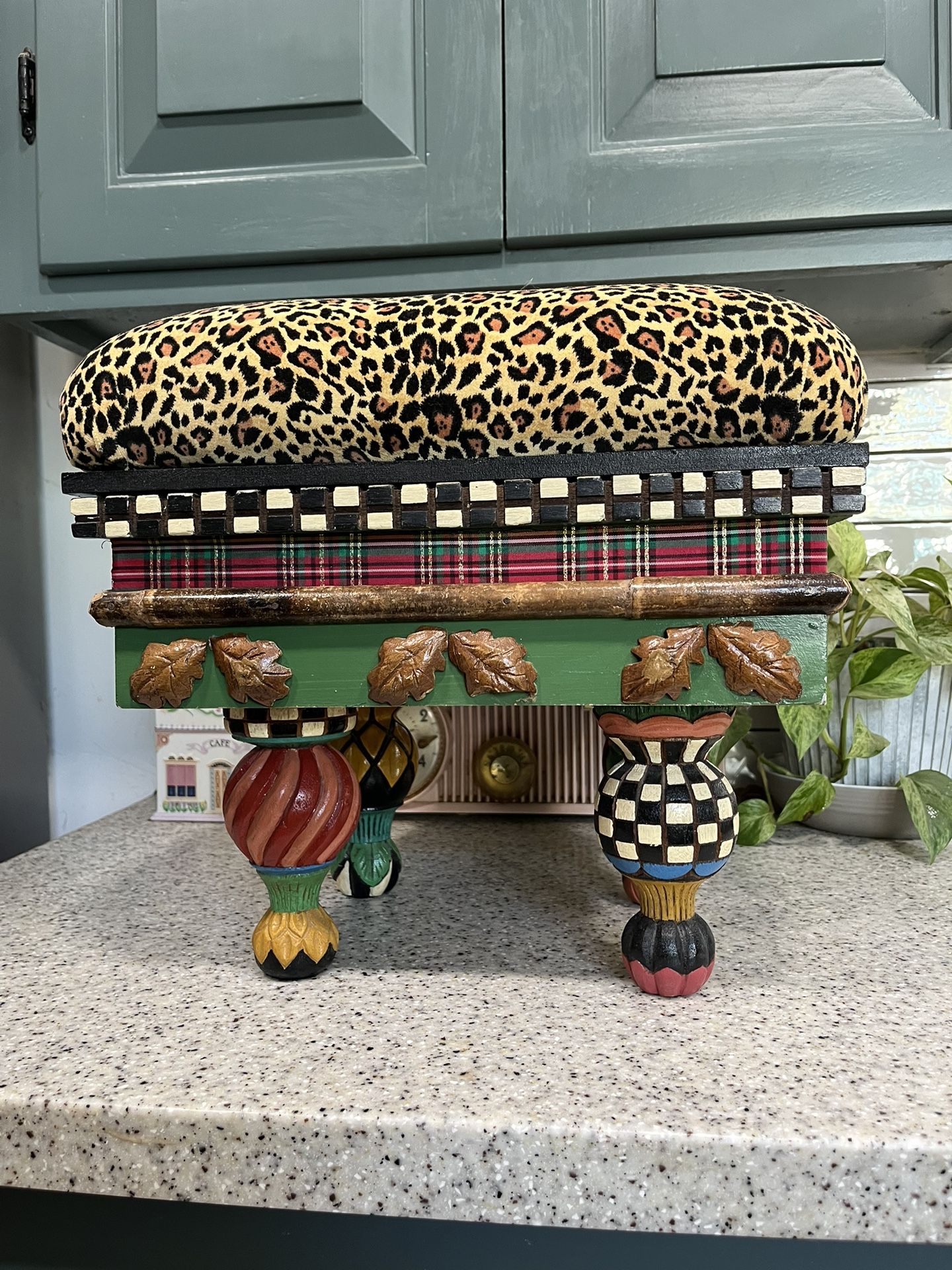 Vintage Mackenzie Childs Inspired Storage Footstool With Leopard Pattern Seat