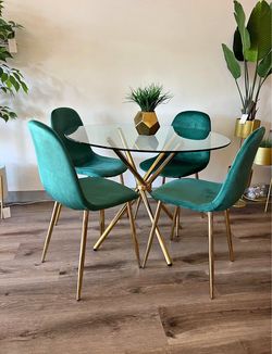 Dark Green Velvet Gold Round Kitchen Table Dining Set