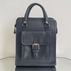 Vintage 90s Black Faux Leather Briefcase Buckle Pocket Square Satchel Handbag