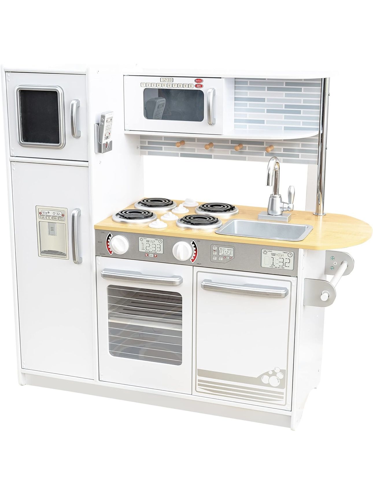 KidKraft Uptown White Wooden Play Kitchen with Play Phone, Chalkboard & Towel Rack