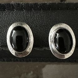 Onyx & Sterling Silver Bazel Set Oval Post Earrings Pre Owned