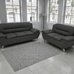 Sofa And Loveseat Art Deco Modern Gray Faux Leather 