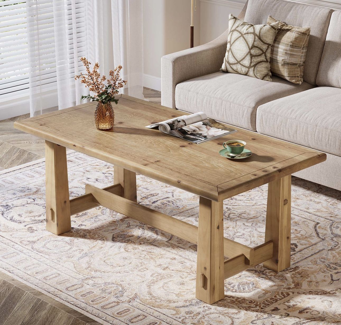 LD0062 47" Solid Wood Coffee Table, Rectangular Center Table with H-Shaped Base