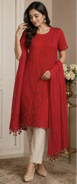 Red Embroidered Kurta with Dupatta Elegant Festive Party Tunic Set