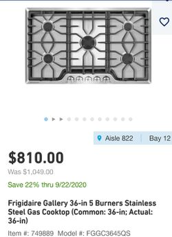 New Frigidaire Gallery 36 inch 5 Burner Stainless Steel Gas Cooktop