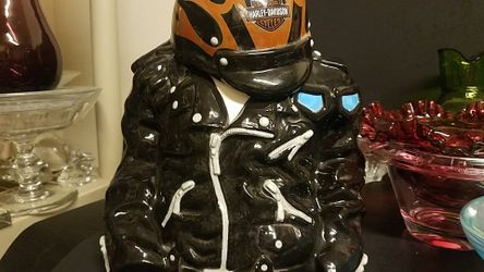 Unique and Rare Harley Davidson Cookie Jar. Leather jacket and flame helmet