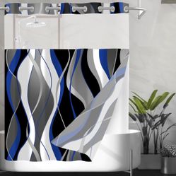 Modern Abstract Window Curtain panel with blue and grey wave stripe print and grommet top. 