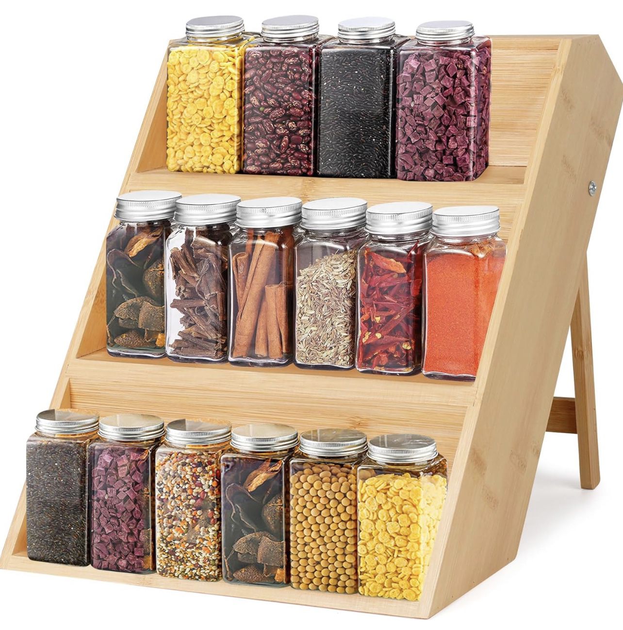 Bamboo Spice Rack Organizer for Cabinet, Foldable 3-Tier Spice Shelf