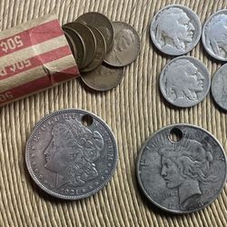Reserved For Dennis.  Beginner Lot US Coin Collection.  2 Holed Dollar 6 Worn Buffalo Nickels 1 Shield Nickel 1 Roll Wheat Pennies