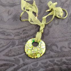 Yellow And Green Murano Glass Pendant And Necklace 