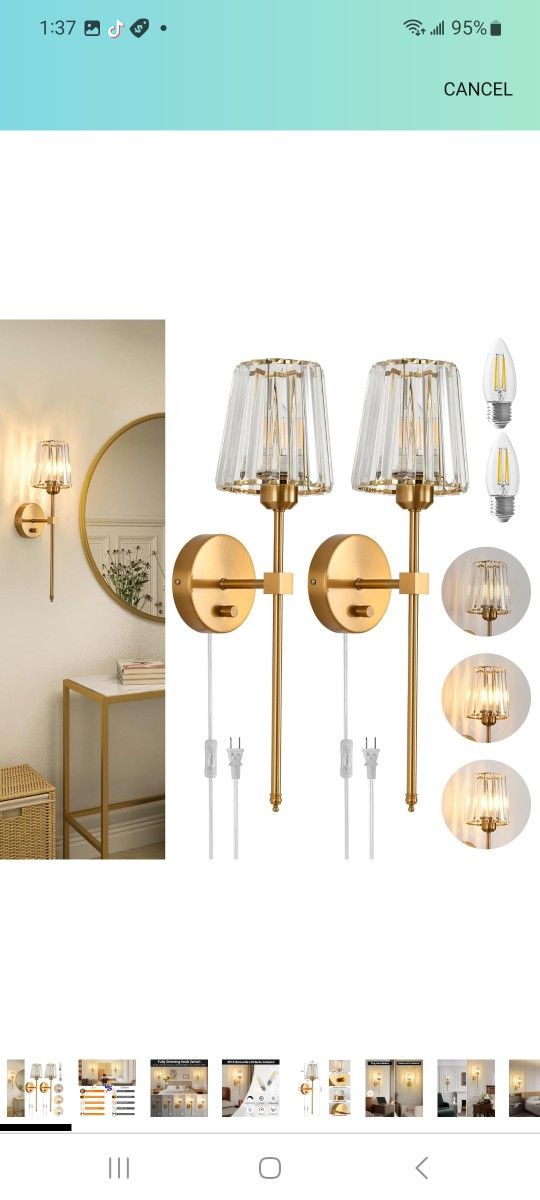 Crystal Wall Sconces Set of 2, Dimmable Wall Sconce with Plug in