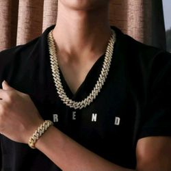 16MM Full Ice Out Cuban Link Set 14k Gold Plated Doesn't Loses Color 