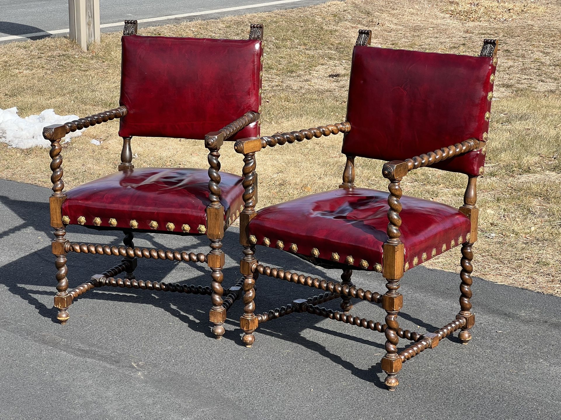 Pair Antique Gothic Revival Red Leather Parlor Chairs