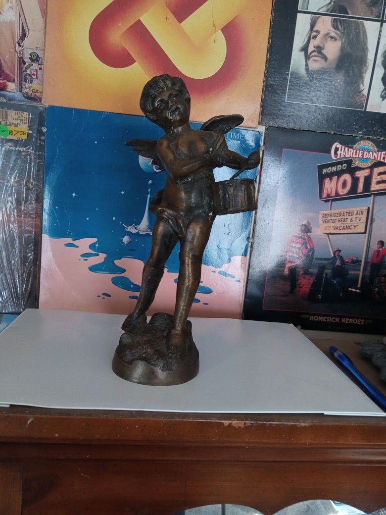 Vintage Bronze Sculpture Drummer Baby Angel Cherub Boy With Wings Figure 11"H Sells for 125.00 t 16 95 Shipping Ebay!