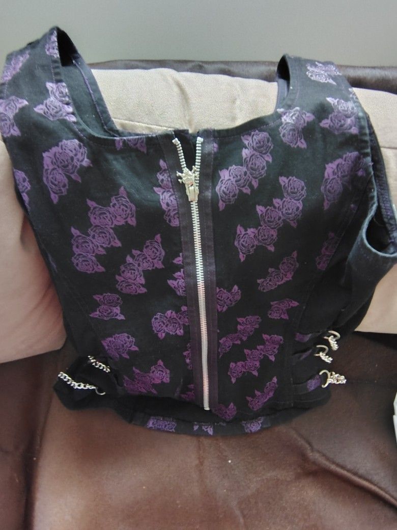Tripp NYC Women's Black Gothic Vest With Purple Flowers And Chains