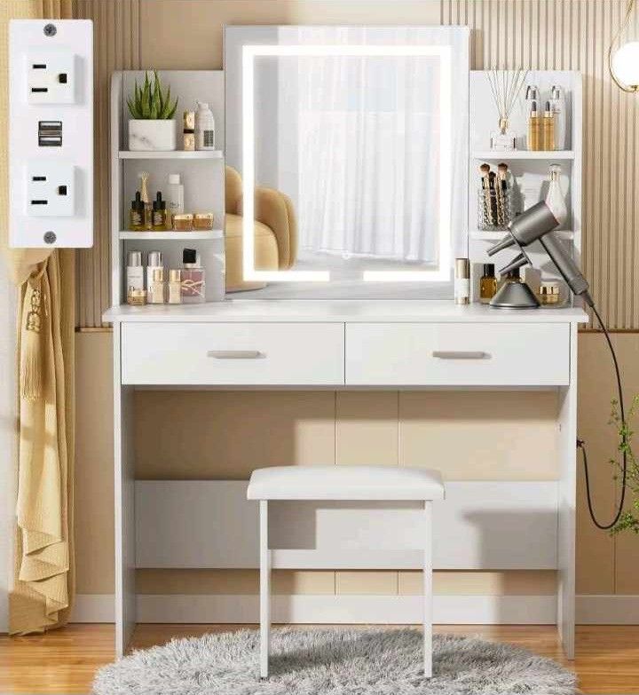Vanity Mirror, 42" Wide Make Up Vanity Desk With Lighted Mirror, 2 Drawers, Cushioned Stool For Bedroom, With Outlet To Plug in Your Styling tools. N