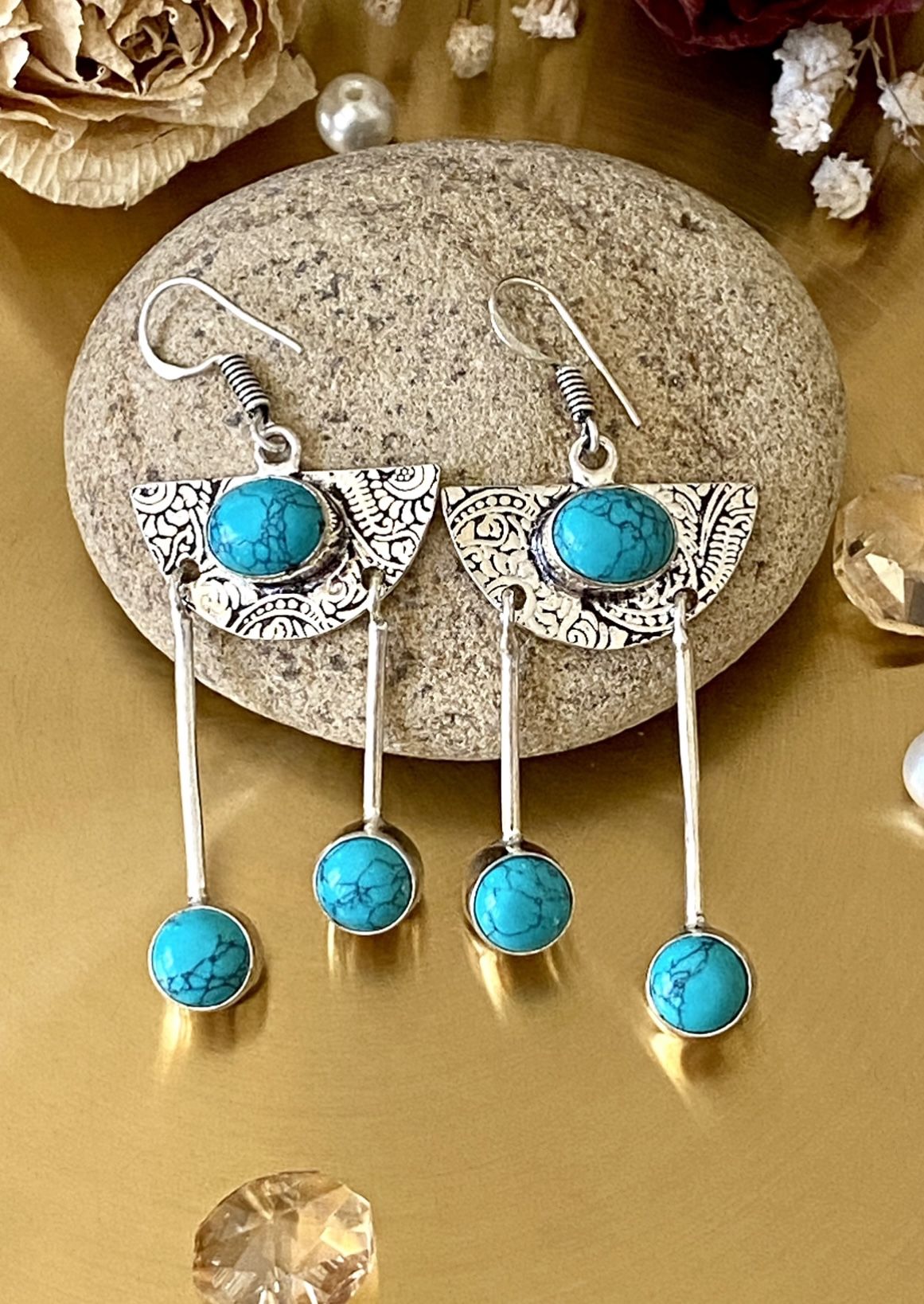 Turquoise Embossed 925 Sterling Silver Overlay Dangle Earrings
